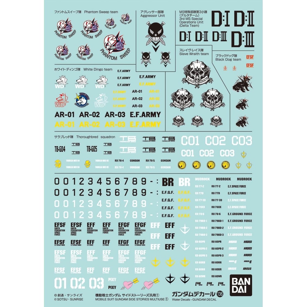 Bandai Hobby – Mobile Suit Gundam Side Stories – GD-136 Mobile Suit Gundam Side Stories Multiuse 1, Bandai Spirits Decal Kit