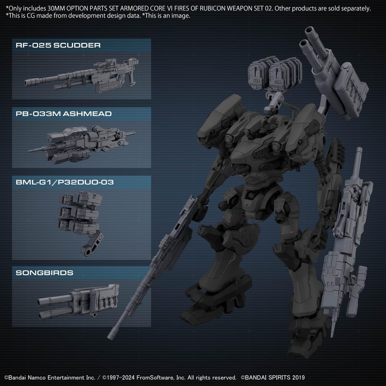 Bandai Hobby – Armored Core VI Fires of Rubicon – #02 Option Parts Set – Weapon Set 02 30 MM 1/144 Model Kit